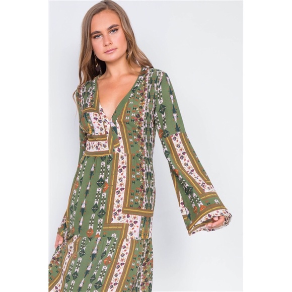 MULTI OLIVE V-NECK LONG SLEEVE MAXI BOHO DRESS - Picture 4 of 5